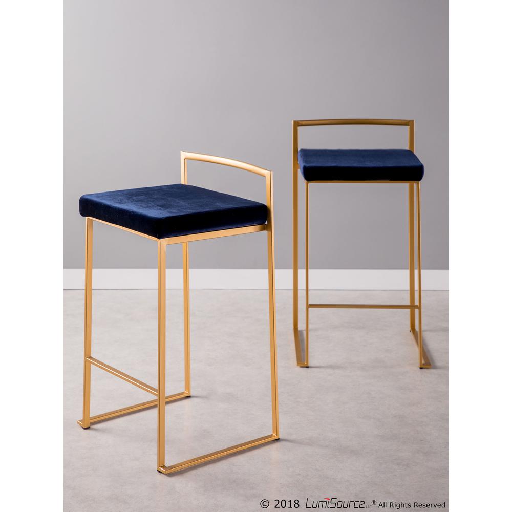 Fuji Contemporary-Glam Stackable Counter Stool in Gold with Blue Velvet Cushion - Set of 2. Picture 8