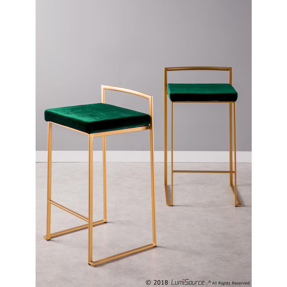 Fuji Contemporary-Glam Stackable Counter Stool in Gold with Green Velvet Cushion - Set of 2. Picture 8