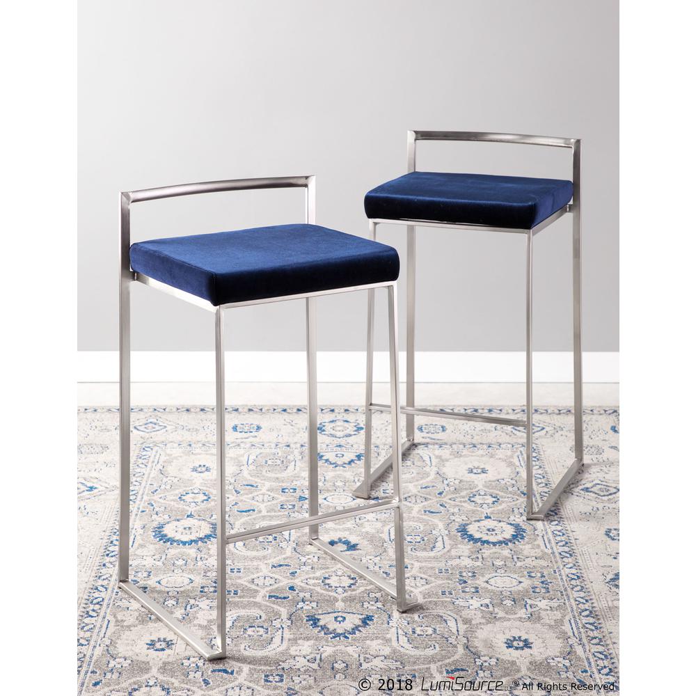 Fuji Contemporary Stackable Counter Stool in Stainless Steel with Blue Velvet Cushion - Set of 2. Picture 8