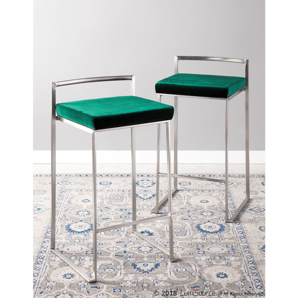 Fuji Contemporary Stackable Counter Stool in Stainless Steel with Green Velvet Cushion - Set of 2. Picture 8