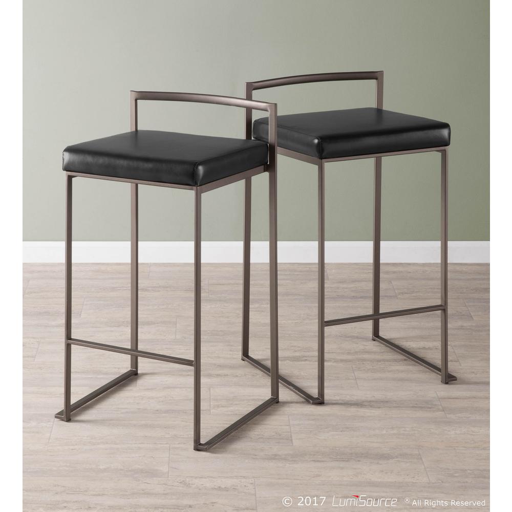 Fuji Industrial Stackable Counter Stool in Antique with Black Faux Leather Cushion - Set of 2. Picture 8