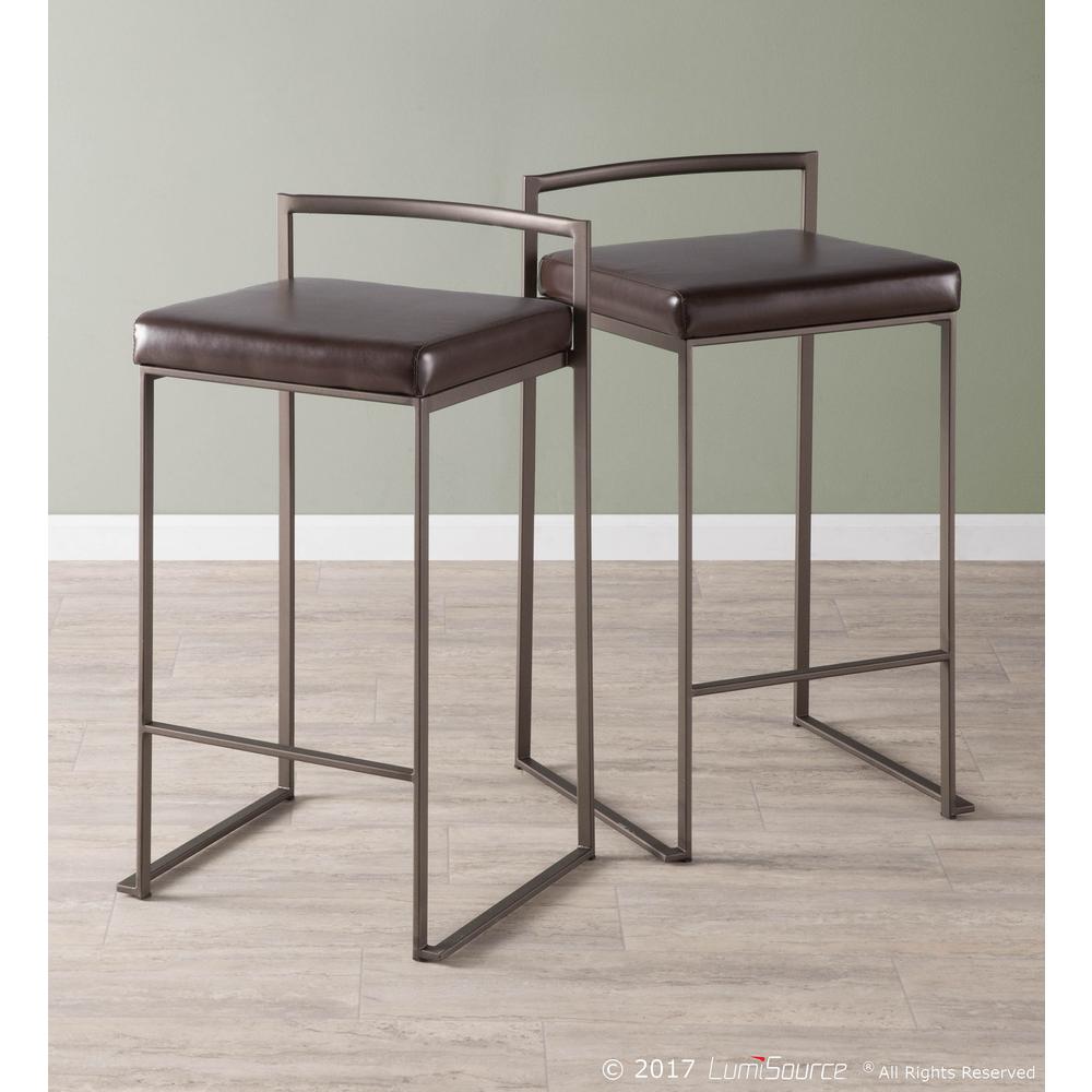 Fuji Industrial Stackable Counter Stool in Antique with Brown Faux Leather Cushion - Set of 2. Picture 8