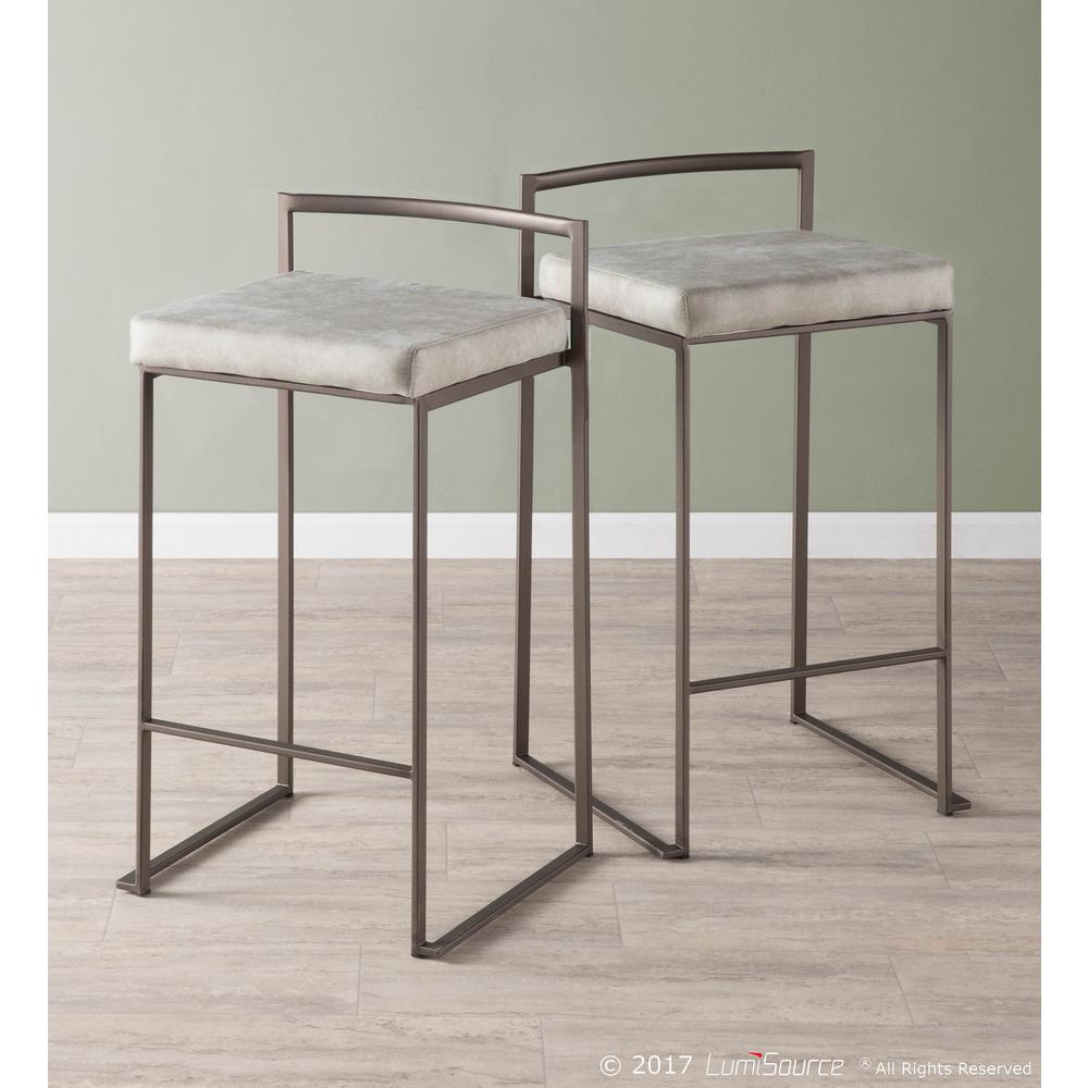 Fuji Industrial Stackable Counter Stool in Antique with Light Grey Cowboy Fabric Cushion - Set of 2. Picture 8
