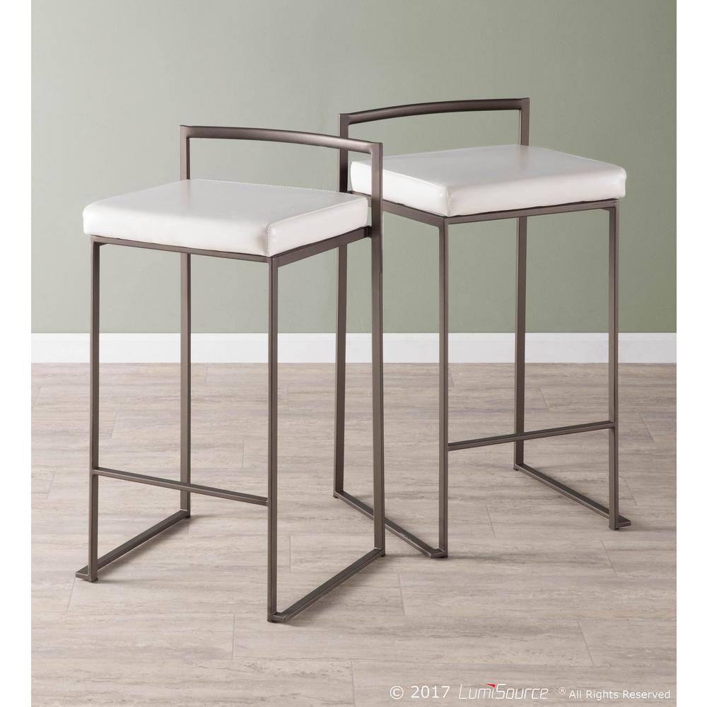 Fuji Industrial Stackable Counter Stool in Antique with White Faux Leather Cushion - Set of 2. Picture 8