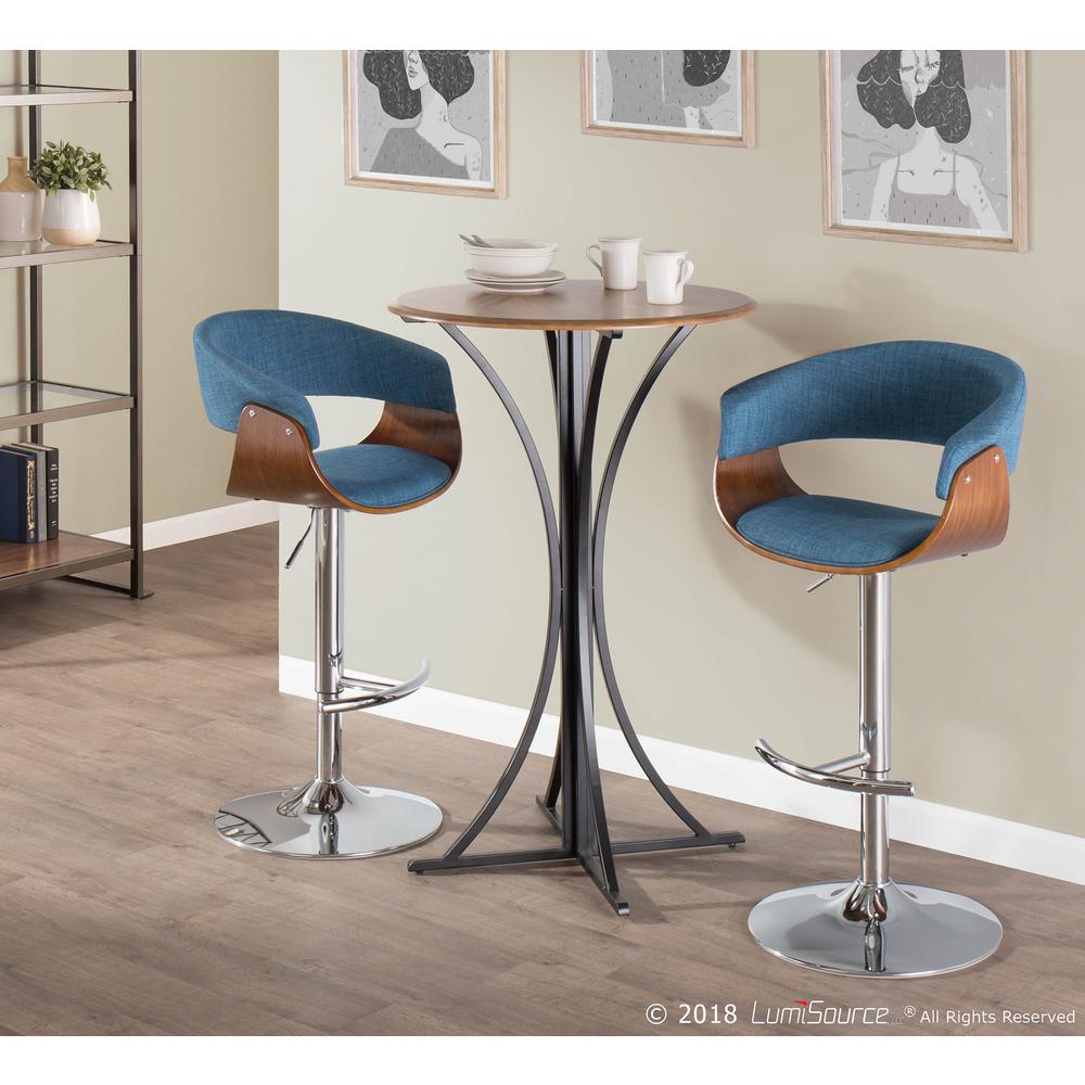 Vintage Mod Mid-Century Modern Adjustable Barstool with Swivel in Walnut and Blue Fabric. Picture 8