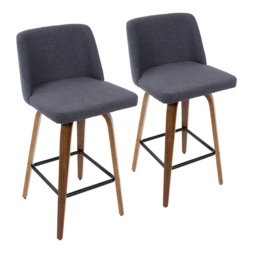 Toriano Mid-Century Modern Counter Stool in Walnut and Blue Fabric - Set of 2. Picture 1