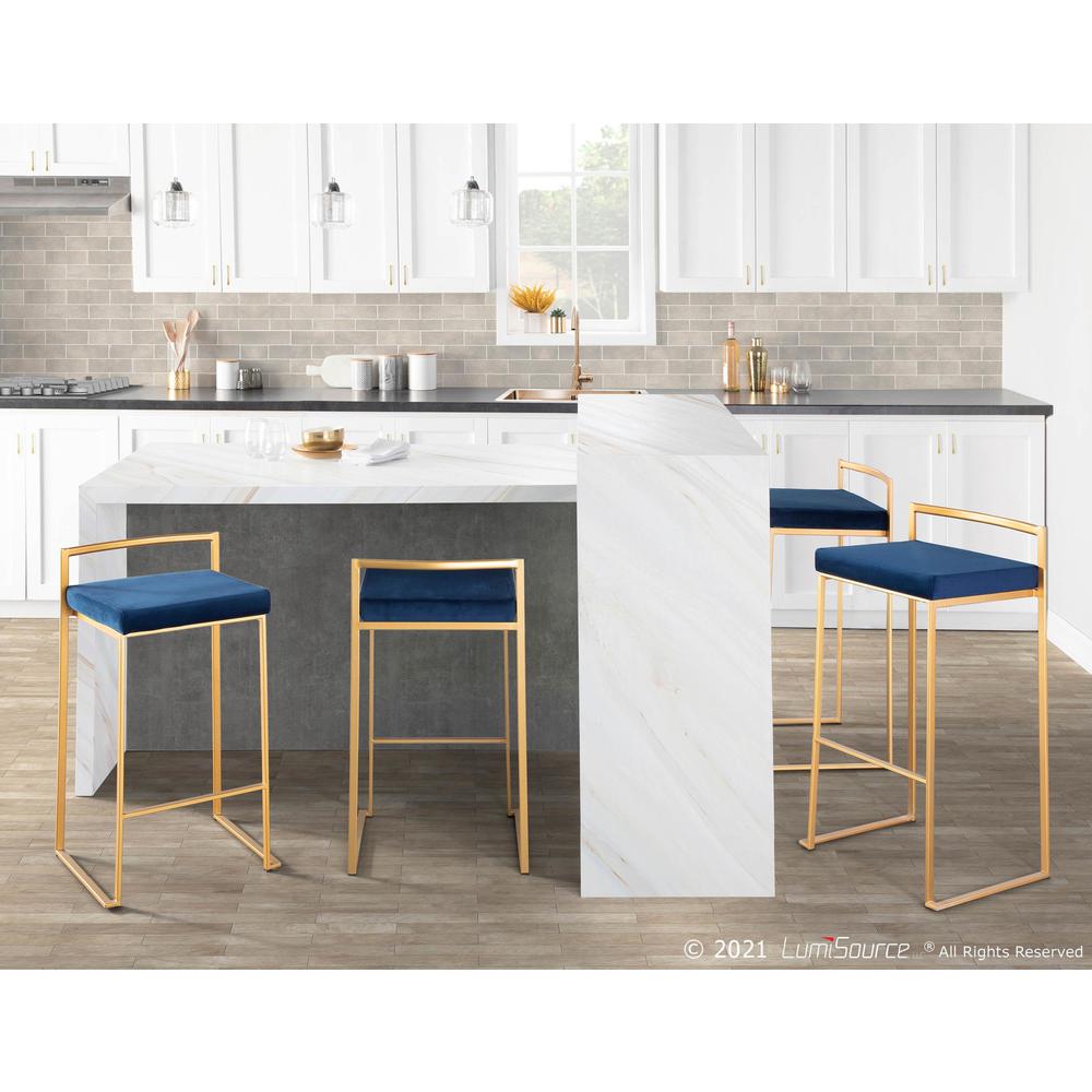 Fuji Contemporary-Glam Stackable Barstool in Gold with Blue Velvet Cushion - Set of 2. Picture 11