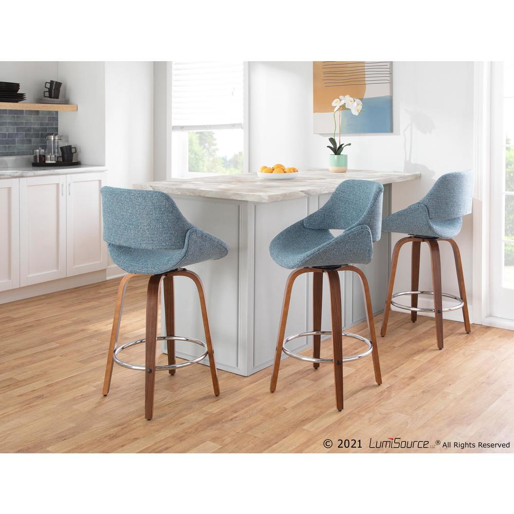 Fabrico Mid-Century Modern Counter Stool in Walnut and Blue Noise Fabric - Set of 2. Picture 8