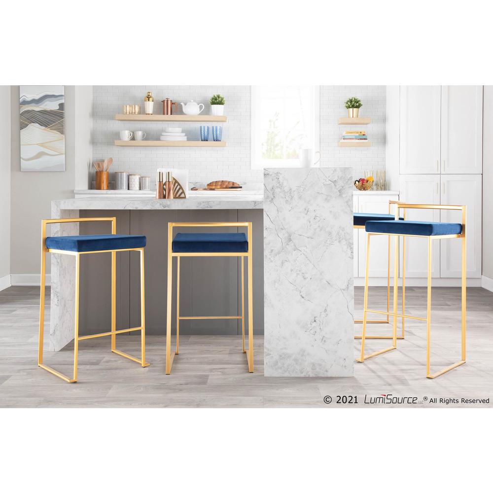 Fuji Contemporary-Glam Stackable Barstool in Gold with Blue Velvet Cushion - Set of 2. Picture 10