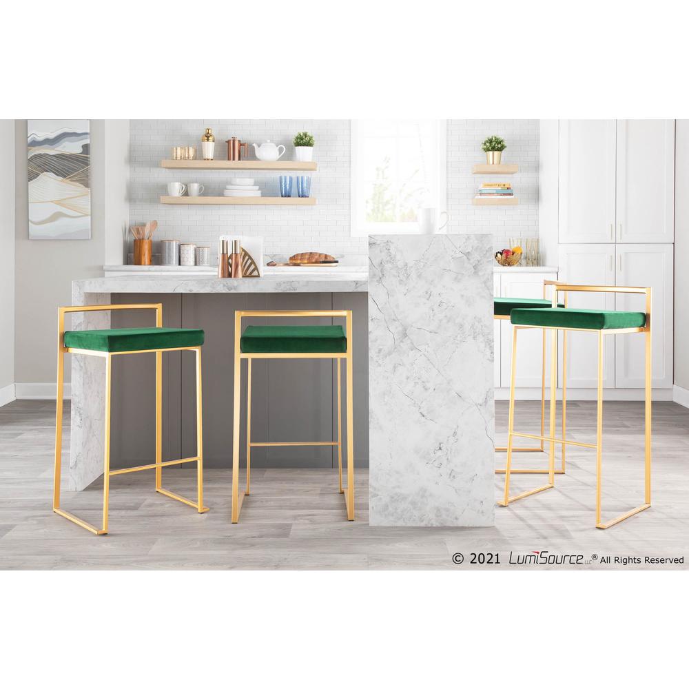 Fuji Contemporary-Glam Stackable Barstool in Gold with Green Velvet Cushion - Set of 2. Picture 11