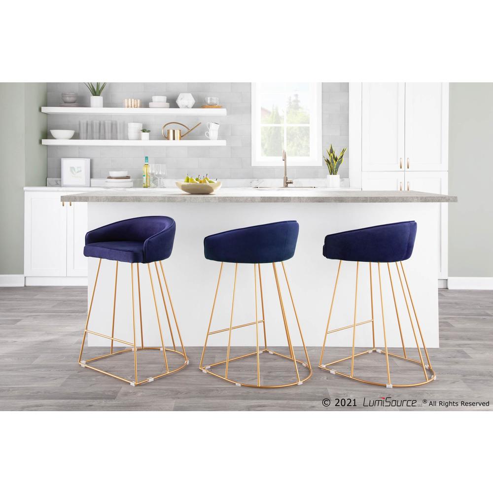 Canary Contemporary Counter Stool in Gold with Blue Velvet - Set of 2. Picture 9