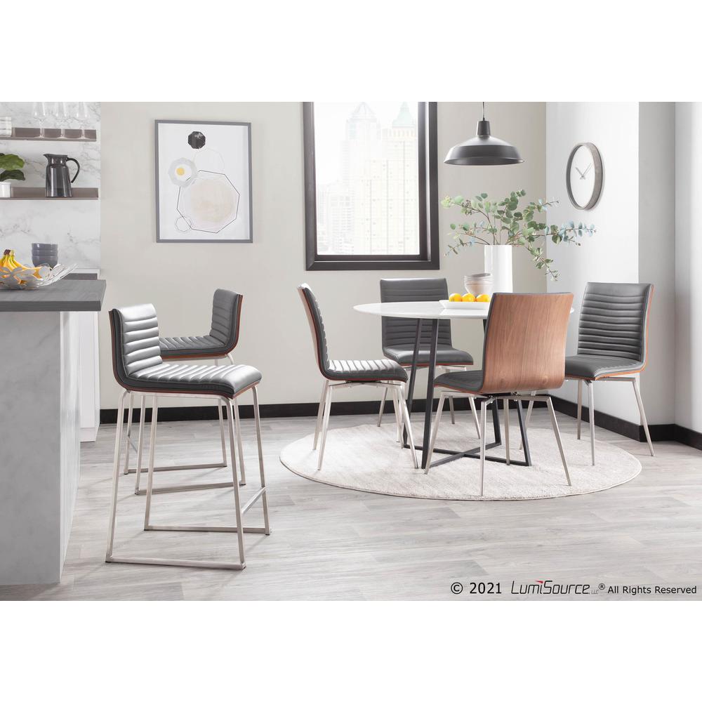 Mara 26" Contemporary Counter Stool in Brushed Stainless Steel, Walnut Wood, and Grey Faux Leather - Set of 2. Picture 11