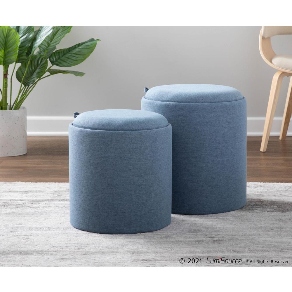Blue Fabric, Natural Wood Tray Nesting Ottoman Set. Picture 8