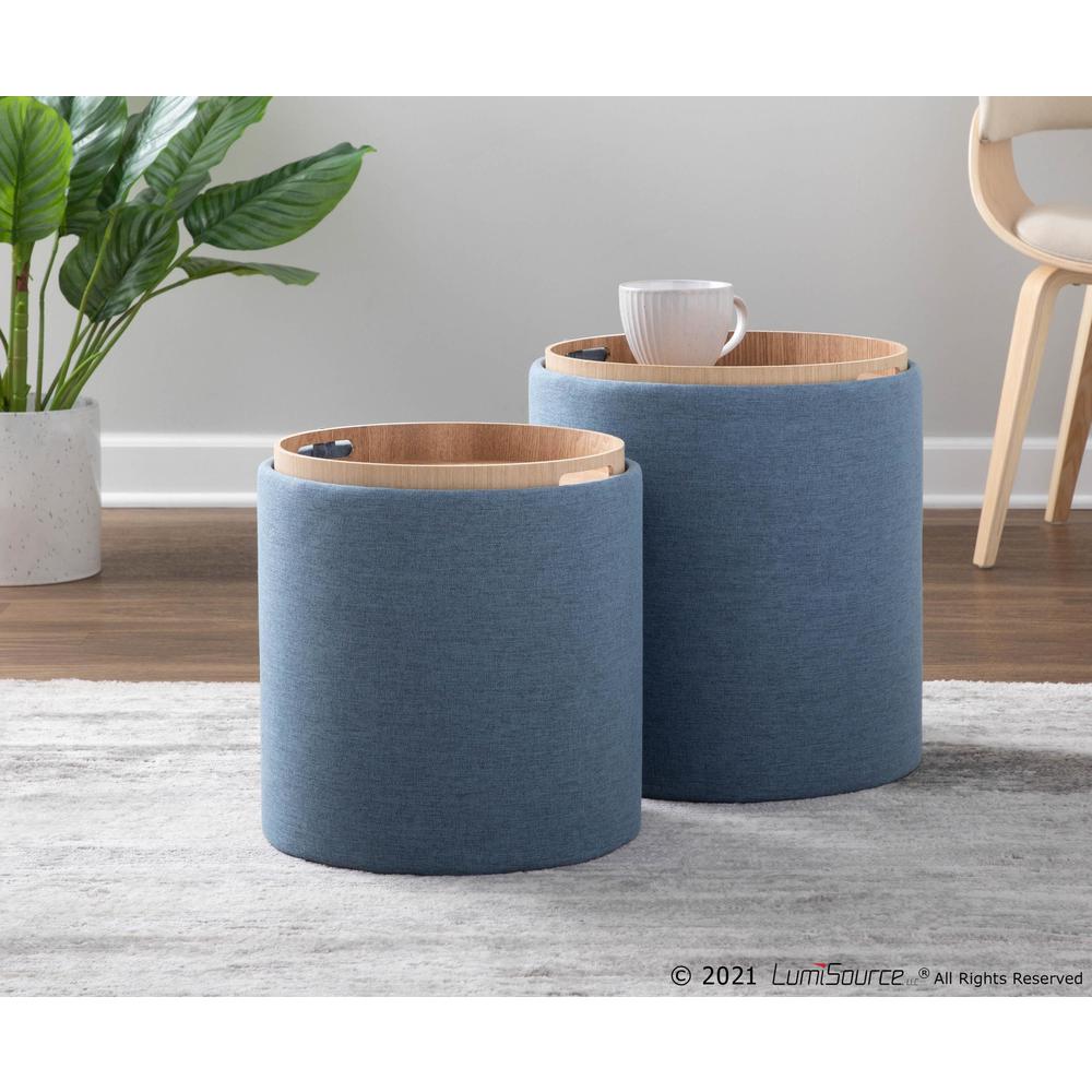 Blue Fabric, Natural Wood Tray Nesting Ottoman Set. Picture 9