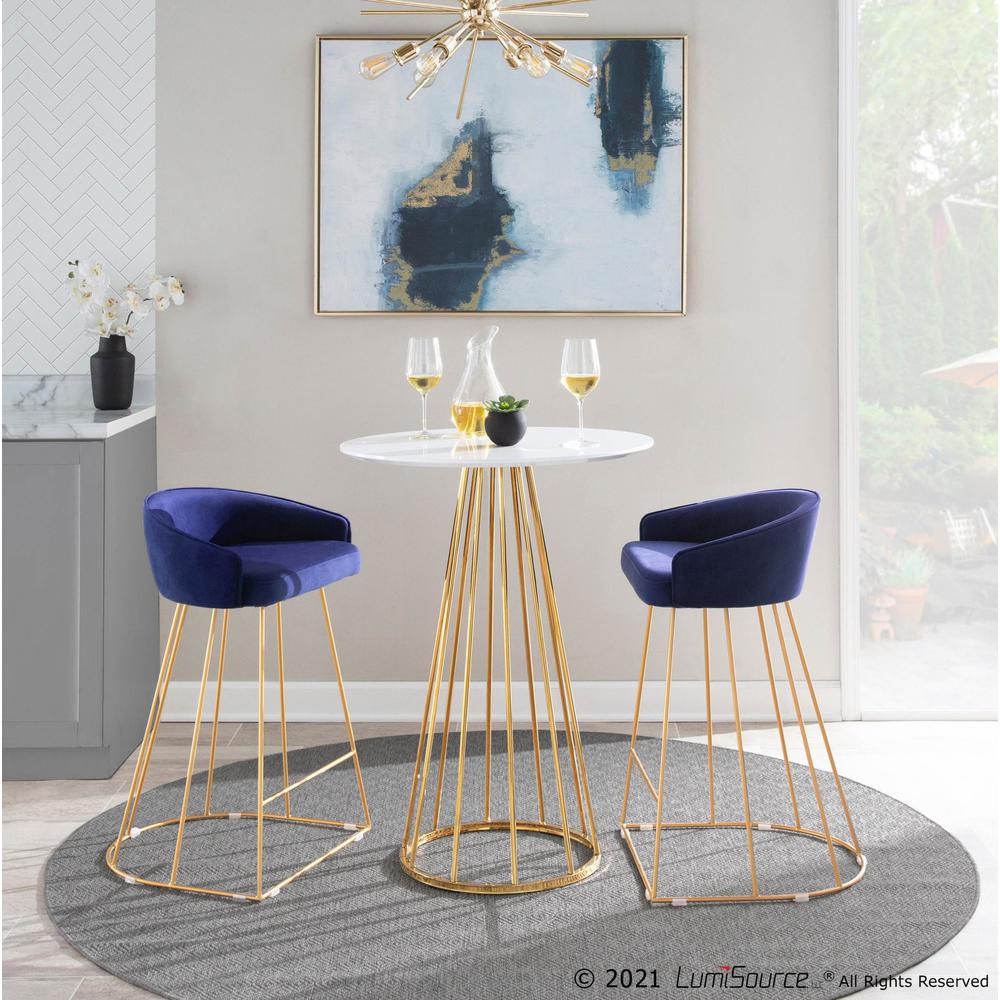 Canary Contemporary Counter Stool in Gold with Blue Velvet - Set of 2. Picture 10