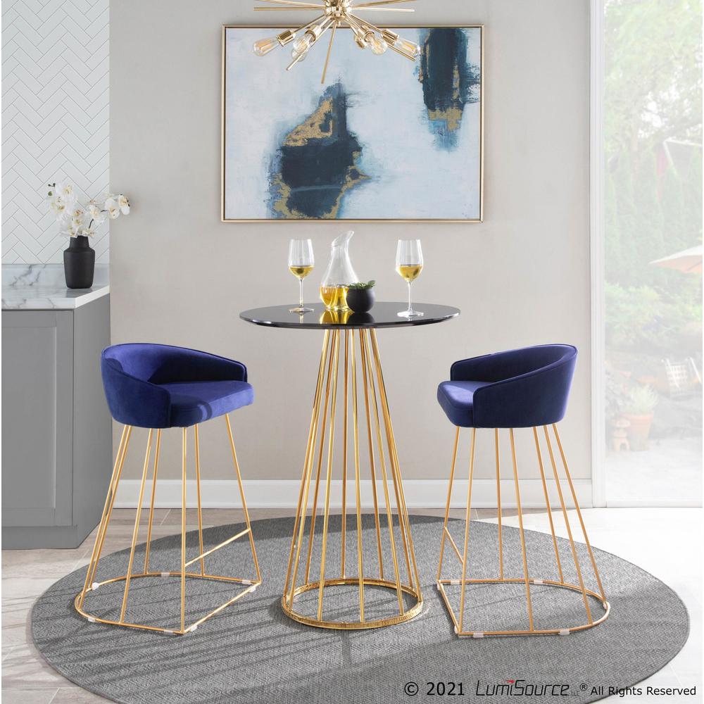 Canary Contemporary Counter Stool in Gold with Blue Velvet - Set of 2. Picture 11