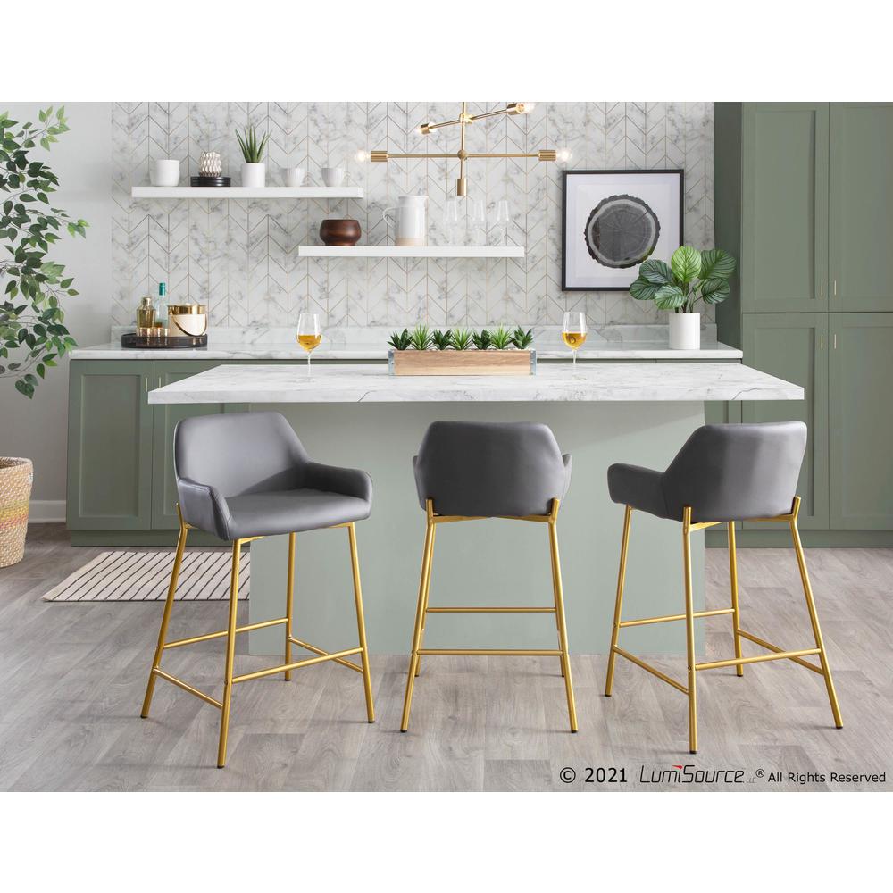 Gold Metal, Grey PU Daniella Fixed-Height Counter Stool - Set of 2. Picture 9