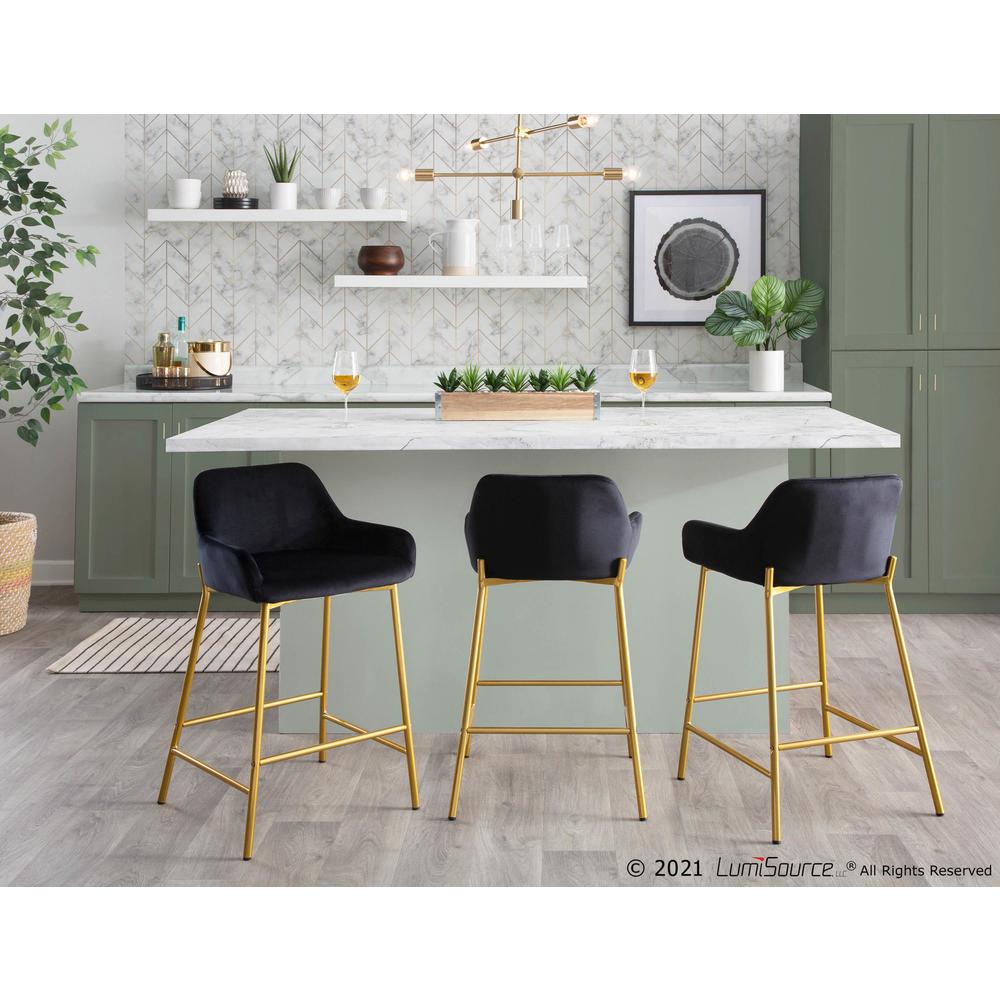 Gold Metal, Black Velvet Daniella Fixed-Height Counter Stool - Set of 2. Picture 9