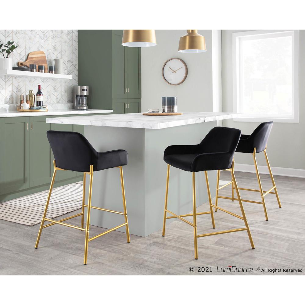 Gold Metal, Black Velvet Daniella Fixed-Height Counter Stool - Set of 2. Picture 8
