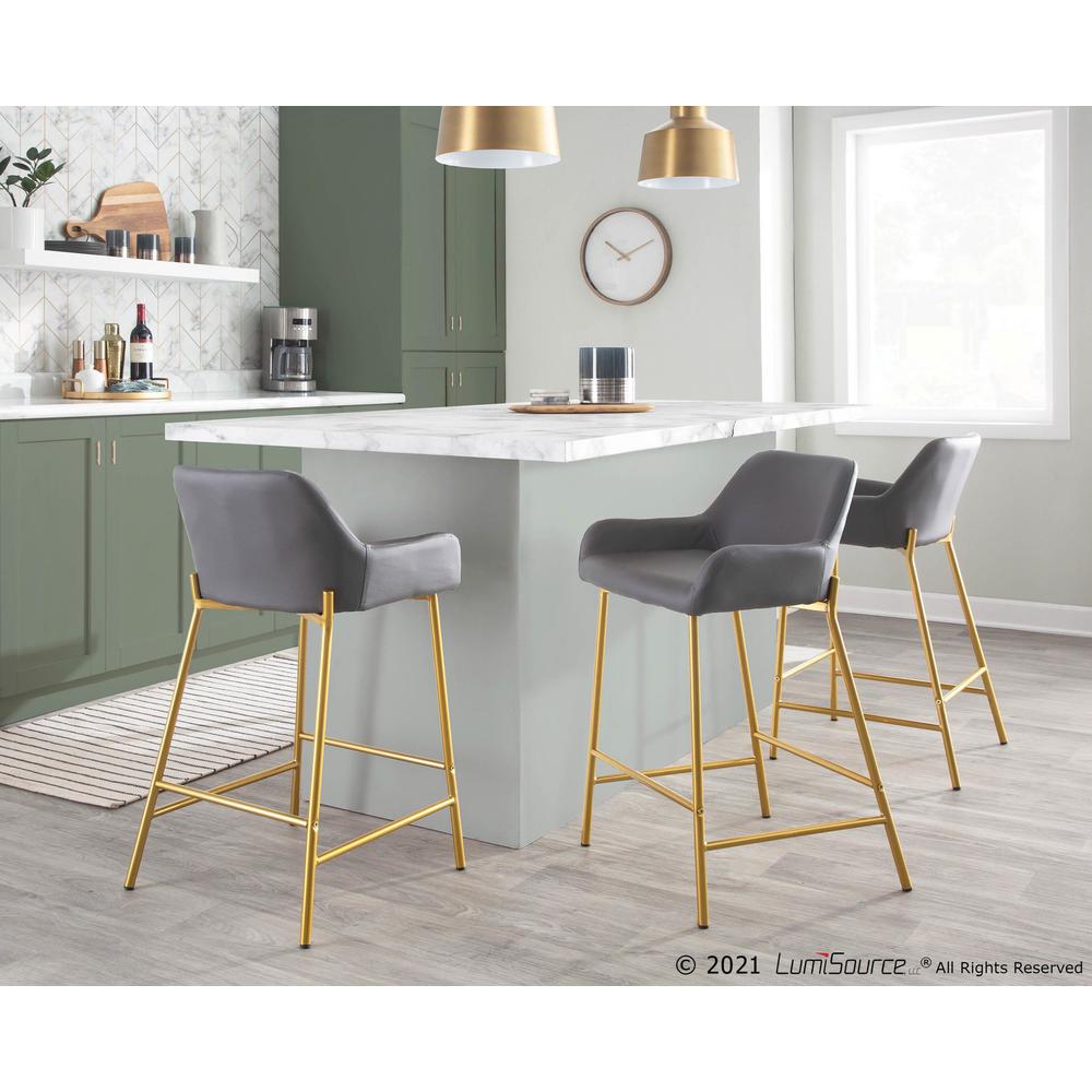 Gold Metal, Grey PU Daniella Fixed-Height Counter Stool - Set of 2. Picture 8
