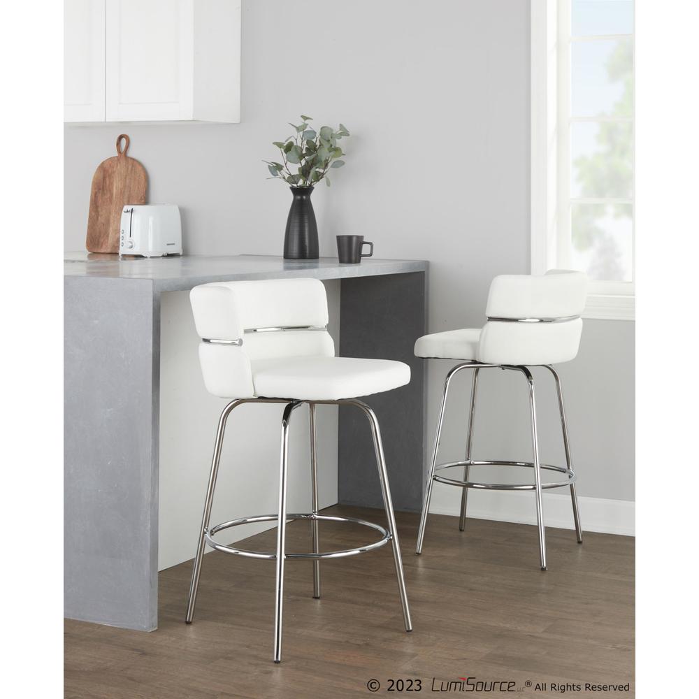 Chrome Metal, White PU Cinch Claire 26" Fixed-Height Counter Stool - Set of 2. Picture 8