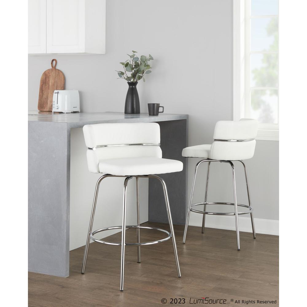 Chrome Metal, White PU Cinch Claire 26" Fixed-Height Counter Stool - Set of 2. Picture 7