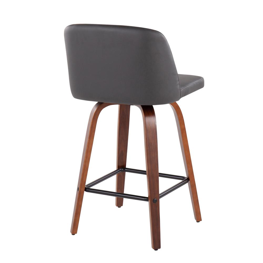 Walnut Wood, Grey PU, Black Steel Toriano Fixed-Height Counter Stool - Set of 2. Picture 4
