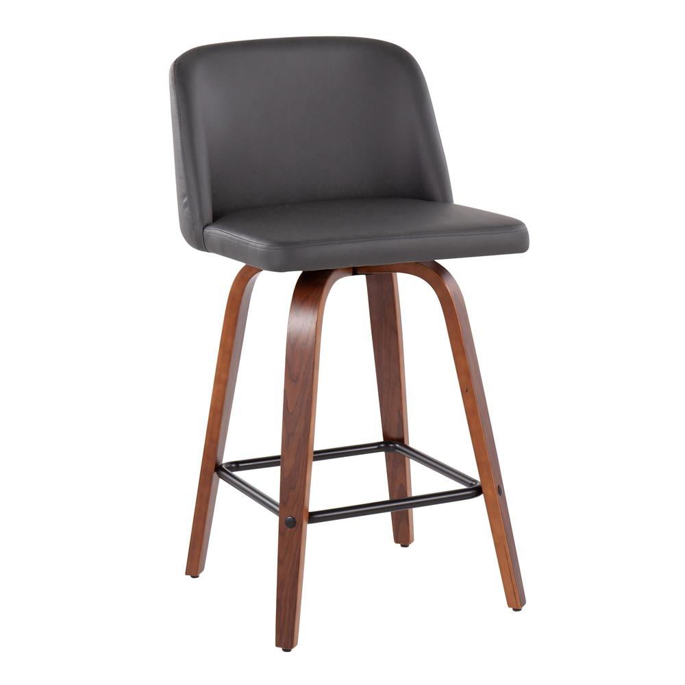 Walnut Wood, Grey PU, Black Steel Toriano Fixed-Height Counter Stool - Set of 2. Picture 2
