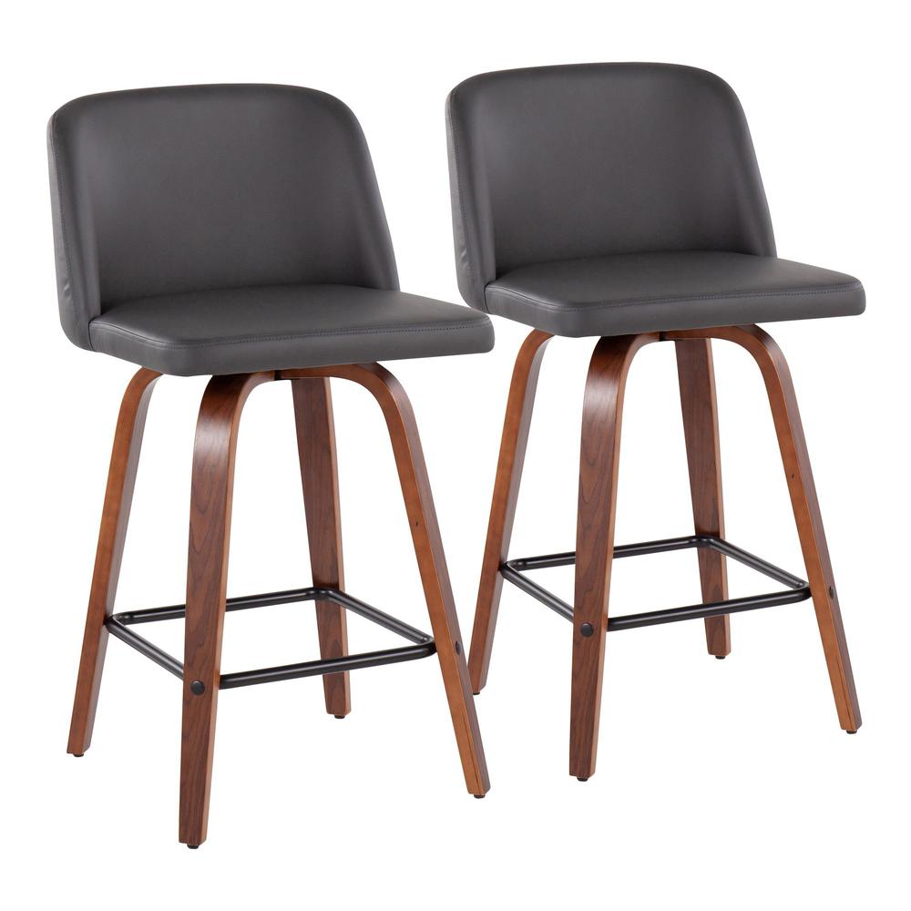 Walnut Wood, Grey PU, Black Steel Toriano Fixed-Height Counter Stool - Set of 2. Picture 1