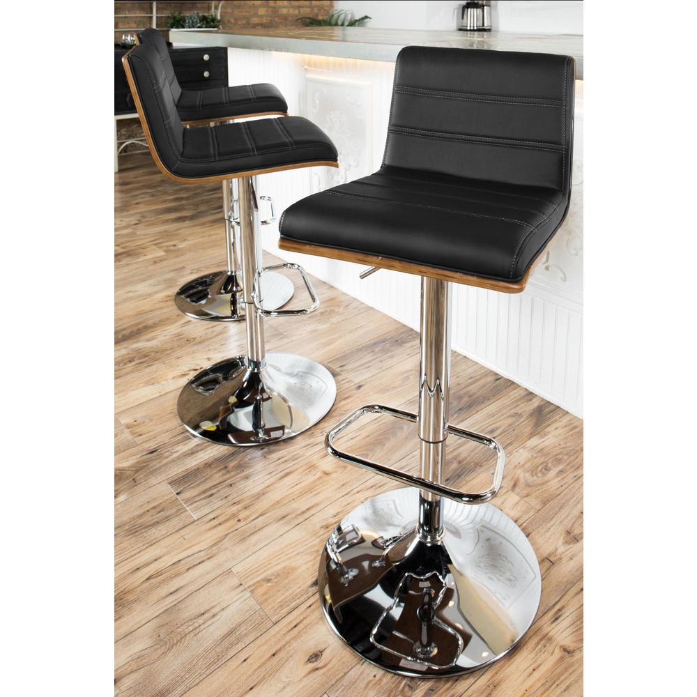 Vasari Mid-Century Modern Adjustable Barstool with Swivel in Walnut and Black Faux Leather. Picture 9