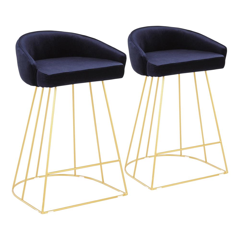 Canary Contemporary Counter Stool in Gold with Blue Velvet - Set of 2. Picture 1