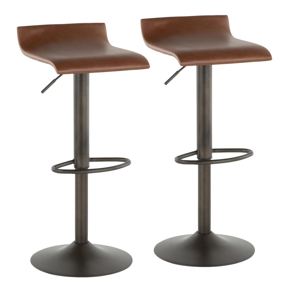 Ale Industrial Barstool in Antique Metal and Brown Faux Leather - Set of 2. Picture 1