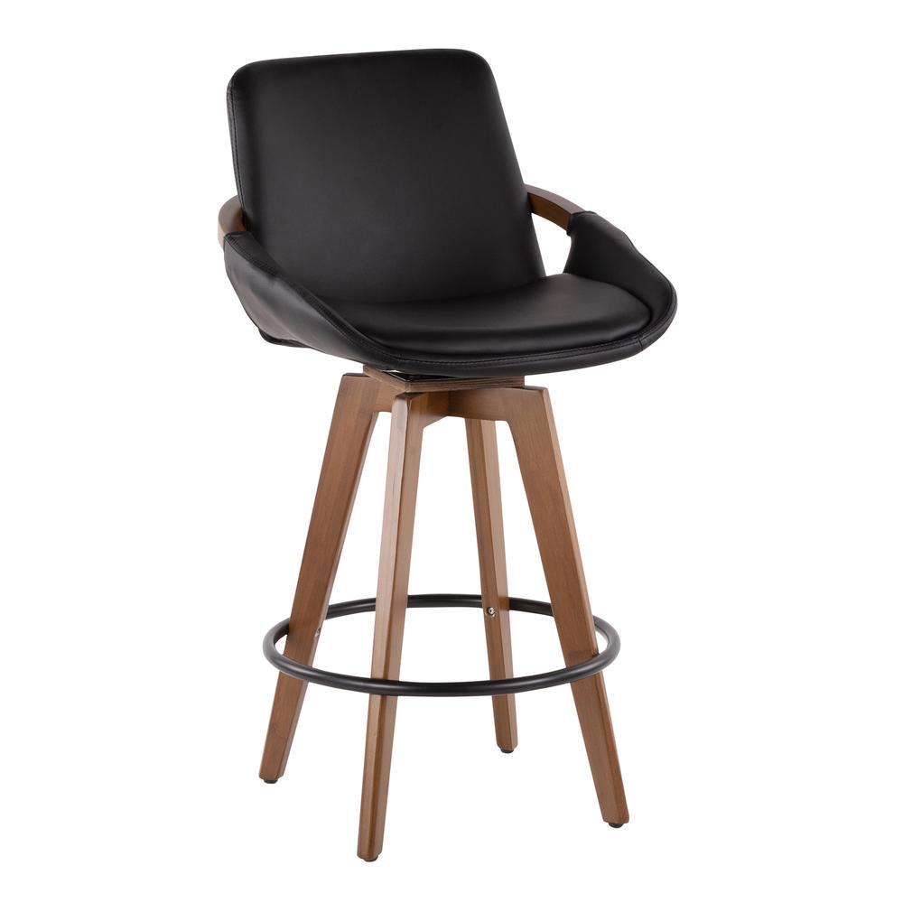 Cosmo Mid-Century Counter Stool in Walnut and Black Faux Leather. Picture 1