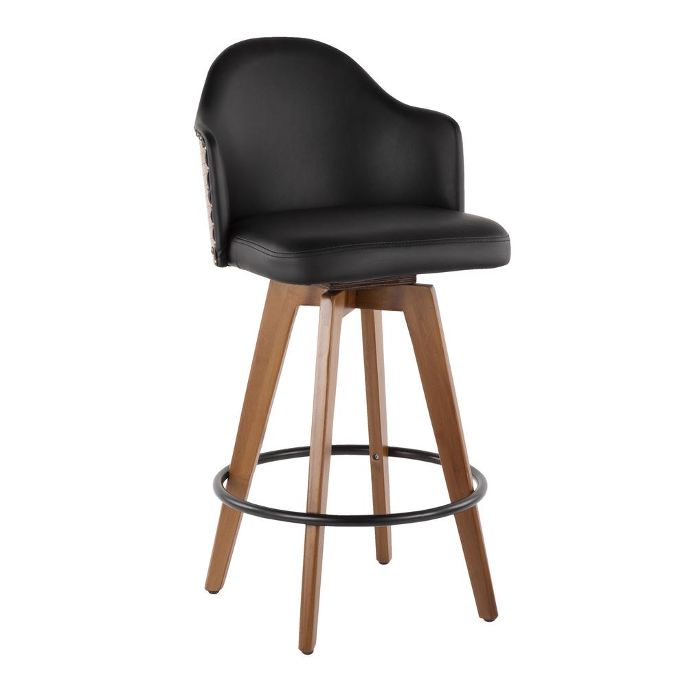 Ahoy Mid-Century Counter Stool in Walnut and Black Faux Leather. Picture 1