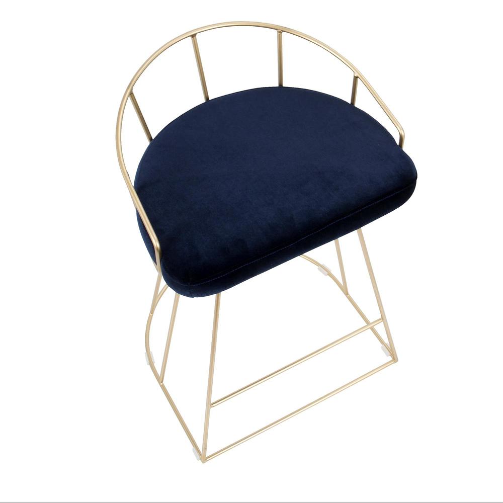 Canary Contemporary-Glam Counter Stool in Gold with Blue Velvet - Set of 2. Picture 7