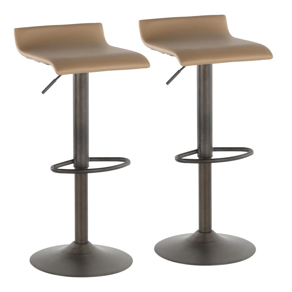 Ale Industrial Barstool in Antique Metal and Camel Faux Leather - Set of 2. Picture 1