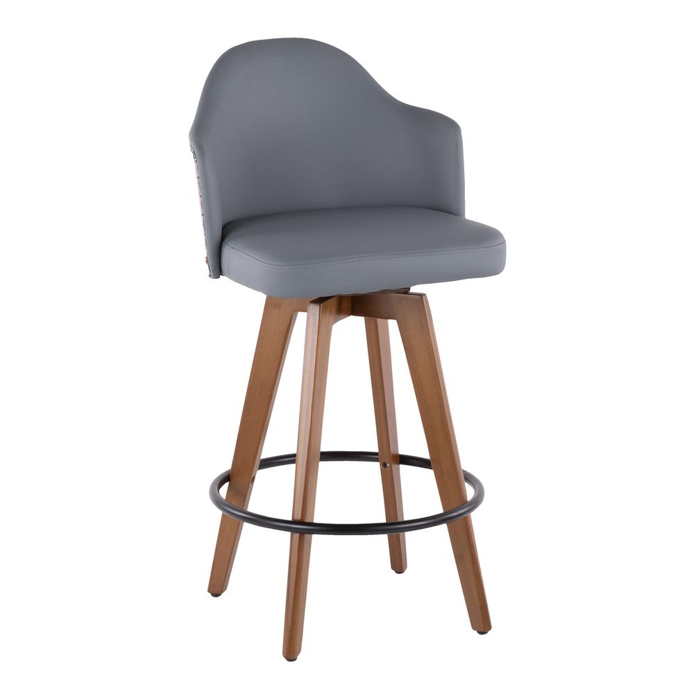 Ahoy Mid-Century Counter Stool in Walnut and Grey Faux Leather. Picture 1