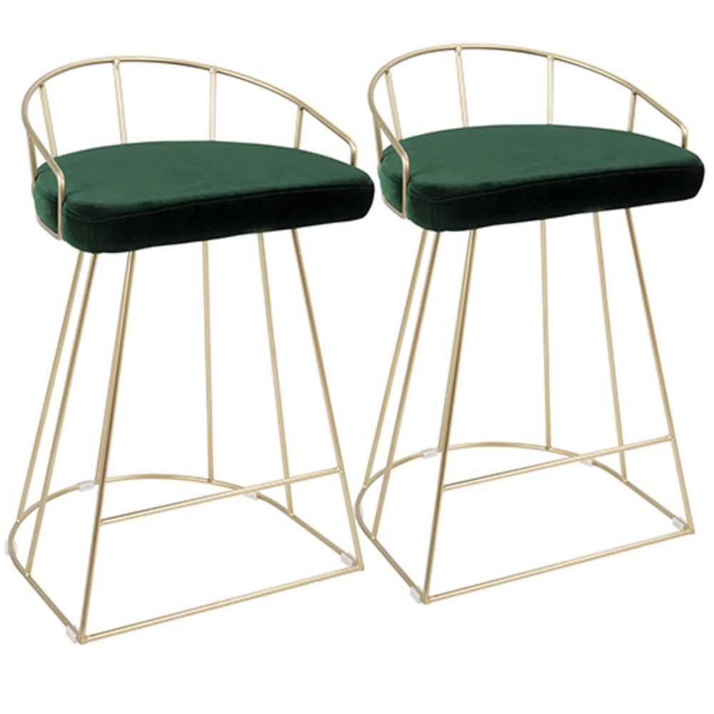 Canary Contemporary-Glam Counter Stool in Gold with Green Velvet - Set of 2. Picture 1