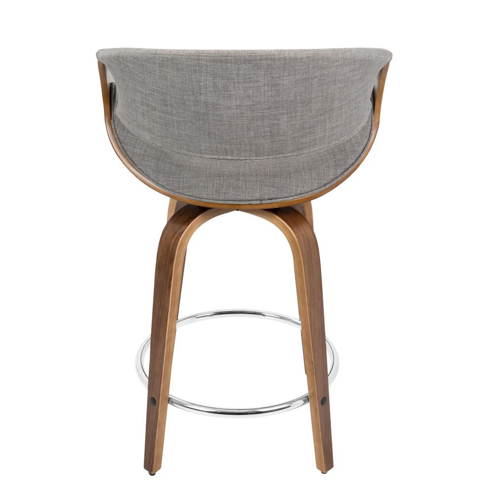 Curvini Mid-Century Modern Counter Stool in Walnut Wood and Light Grey Fabric - Set of 2. Picture 6