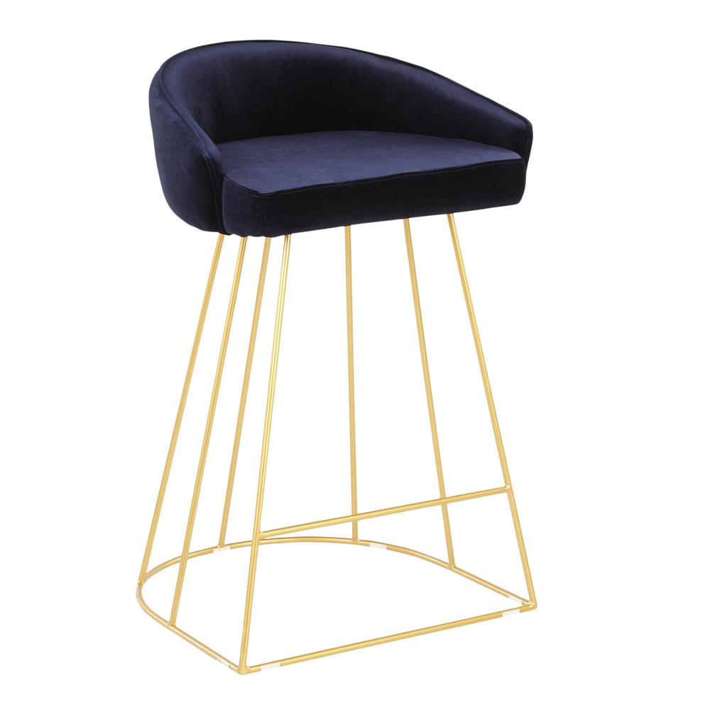 Canary Contemporary Counter Stool in Gold with Blue Velvet - Set of 2. Picture 2