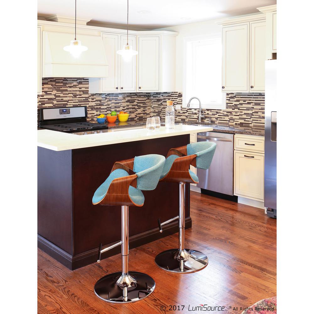 Curvo Mid-Century Modern Adjustable Barstool with Swivel in Walnut and Teal. Picture 8