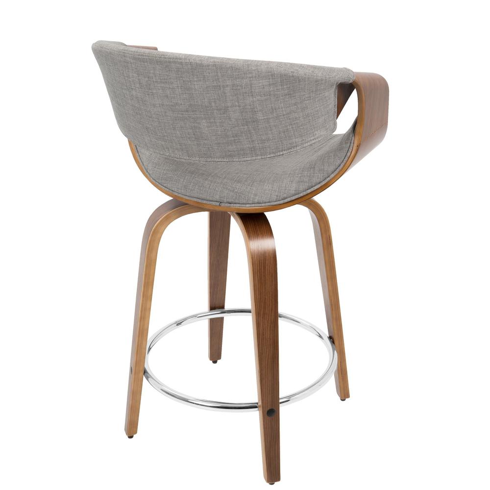 Curvini Mid-Century Modern Counter Stool in Walnut Wood and Light Grey Fabric - Set of 2. Picture 5