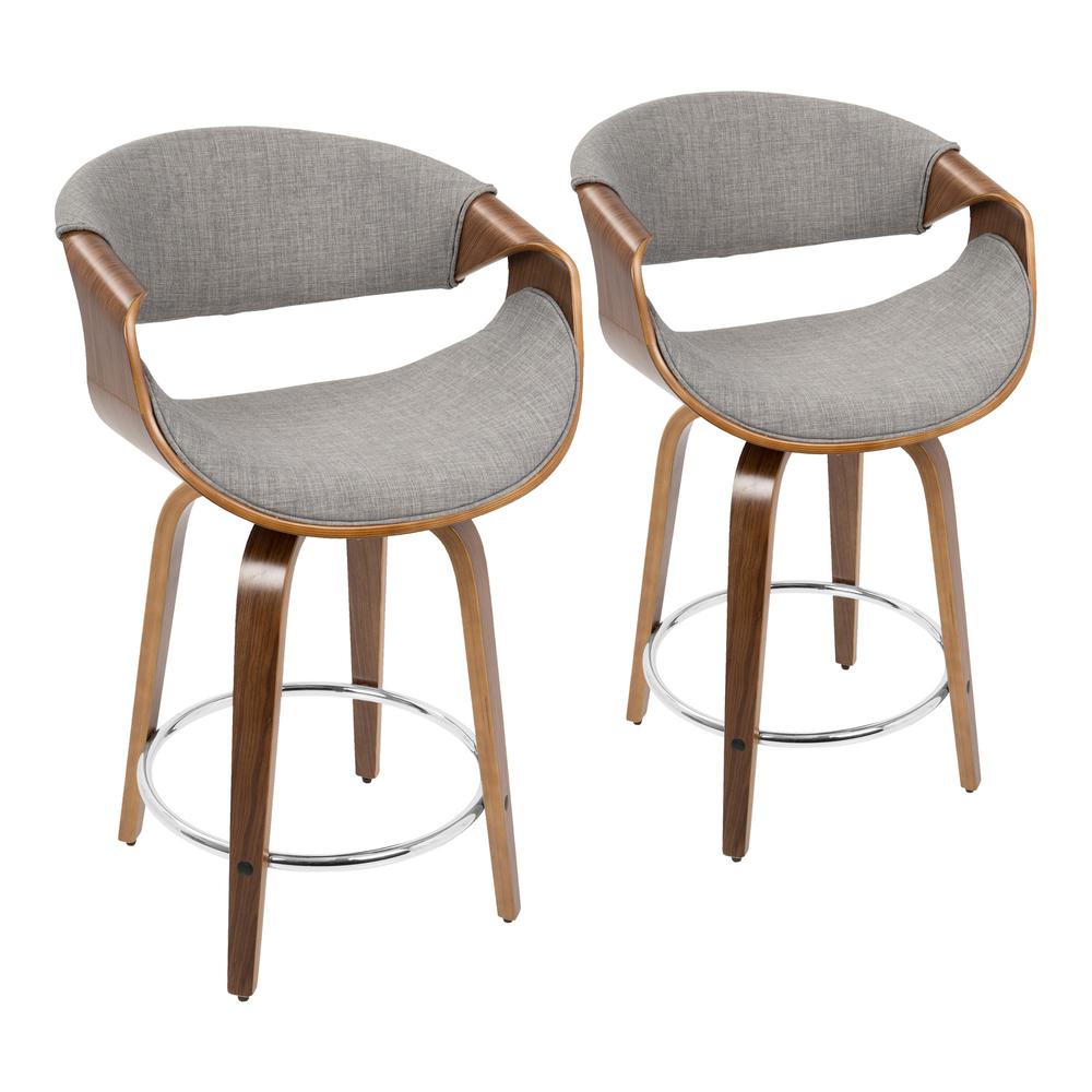 Curvini Mid-Century Modern Counter Stool in Walnut Wood and Light Grey Fabric - Set of 2. Picture 1