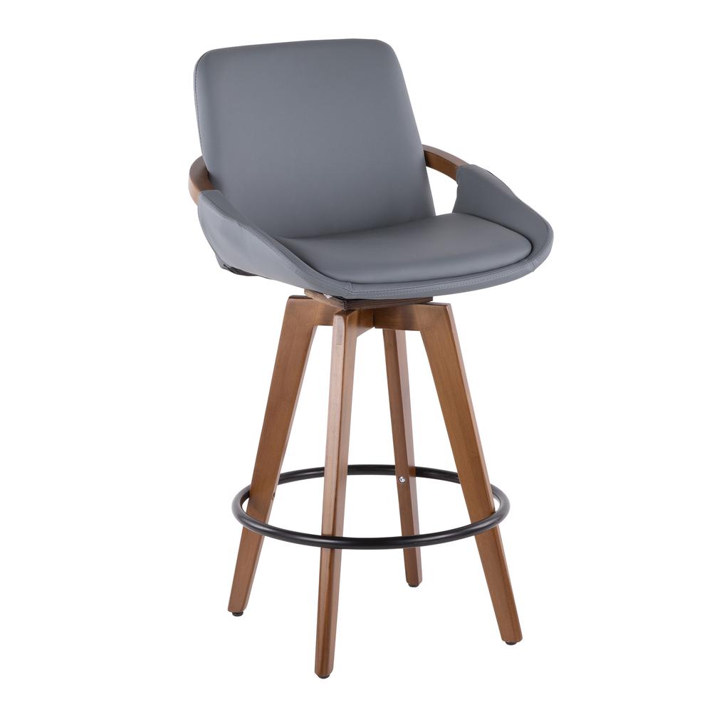 Cosmo Mid-Century Counter Stool in Walnut and Grey Faux Leather. Picture 1