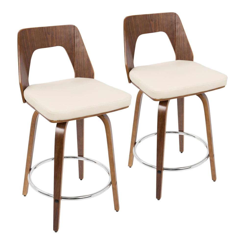 Trilogy Mid-Century Modern Counter Stool in Walnut and Cream Faux Leather - Set of 2. Picture 1