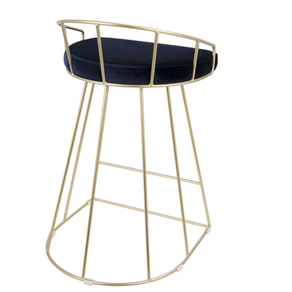 Canary Contemporary-Glam Counter Stool in Gold with Blue Velvet - Set of 2. Picture 4
