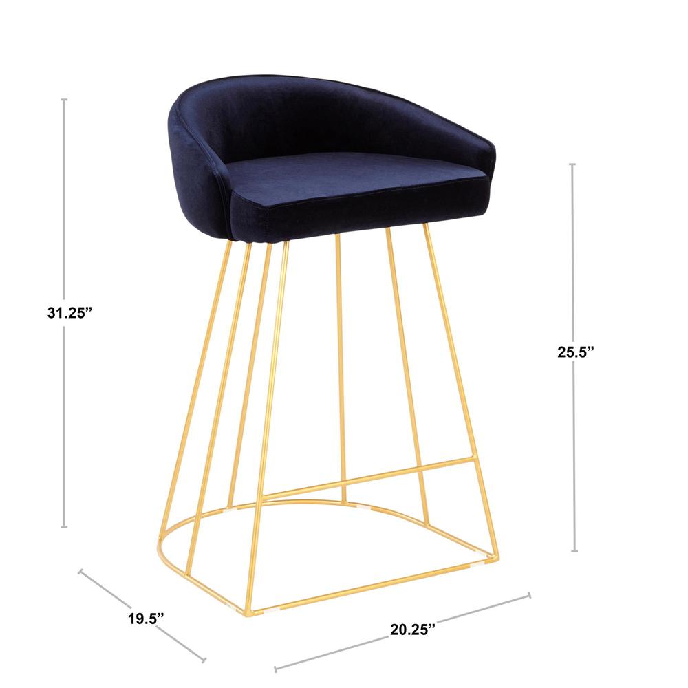 Canary Contemporary Counter Stool in Gold with Blue Velvet - Set of 2. Picture 8