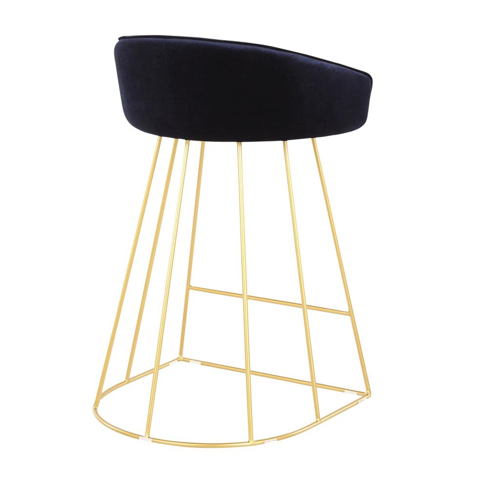Canary Contemporary Counter Stool in Gold with Blue Velvet - Set of 2. Picture 4