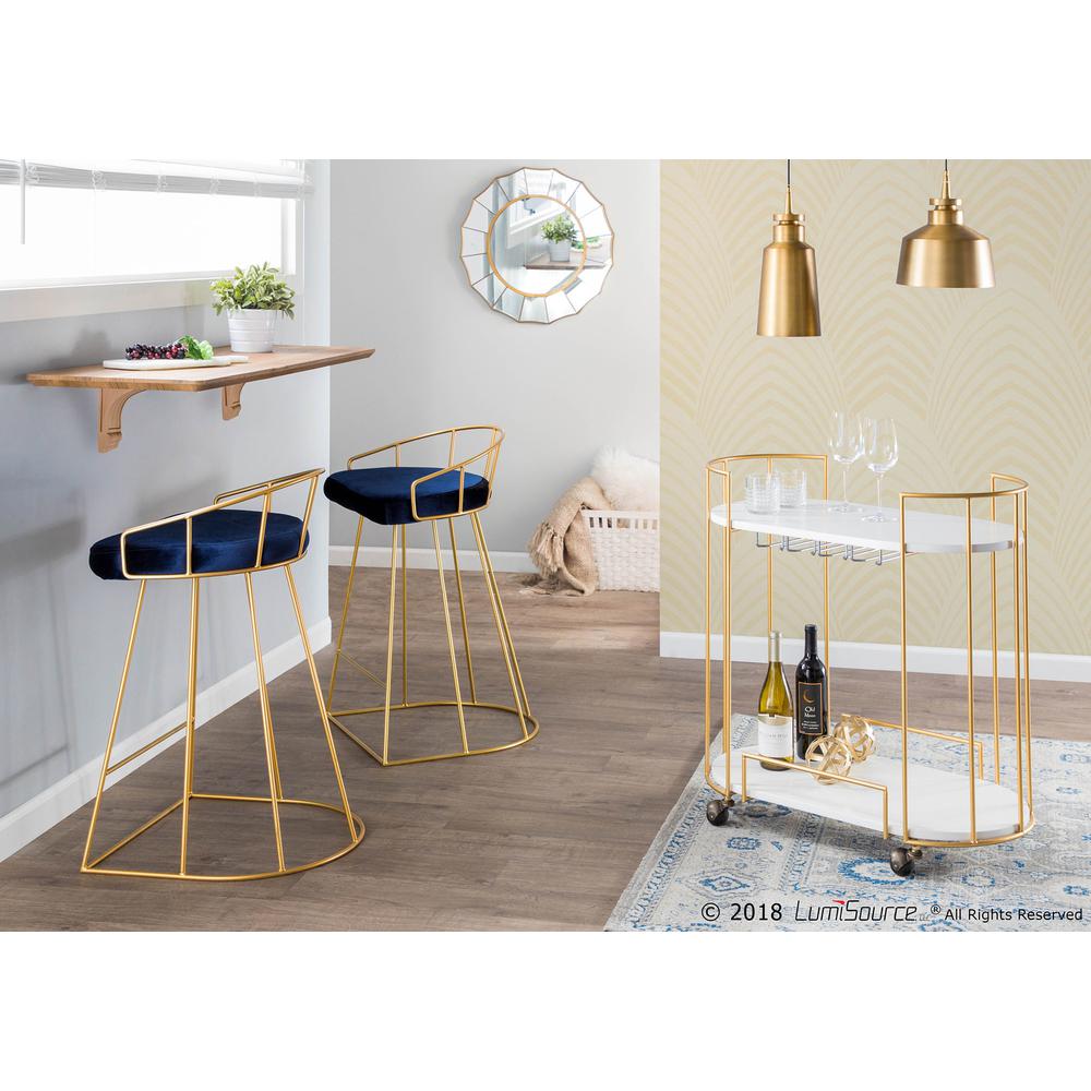 Canary Contemporary-Glam Counter Stool in Gold with Blue Velvet - Set of 2. Picture 9