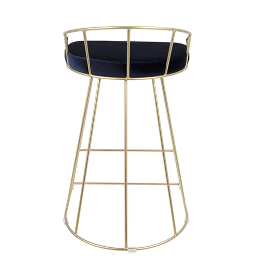 Canary Contemporary-Glam Counter Stool in Gold with Blue Velvet - Set of 2. Picture 5